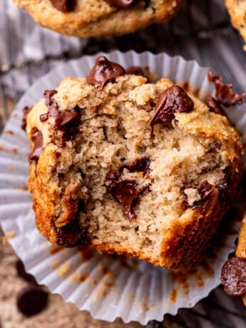 Bite missing from peanut butter banana muffins.