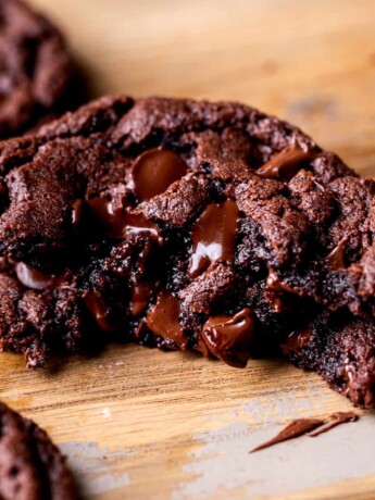 Stack of one chocolate fudge cookie split in half.