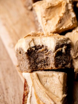 Bite missing from banana snack cake.