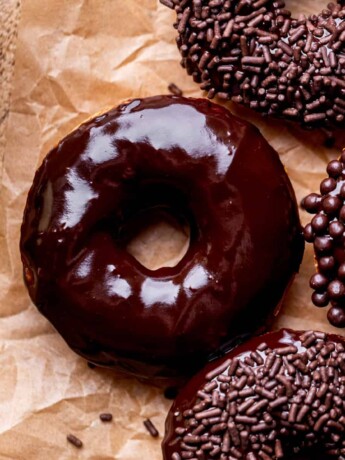 Top view of chocolate glazed donuts.