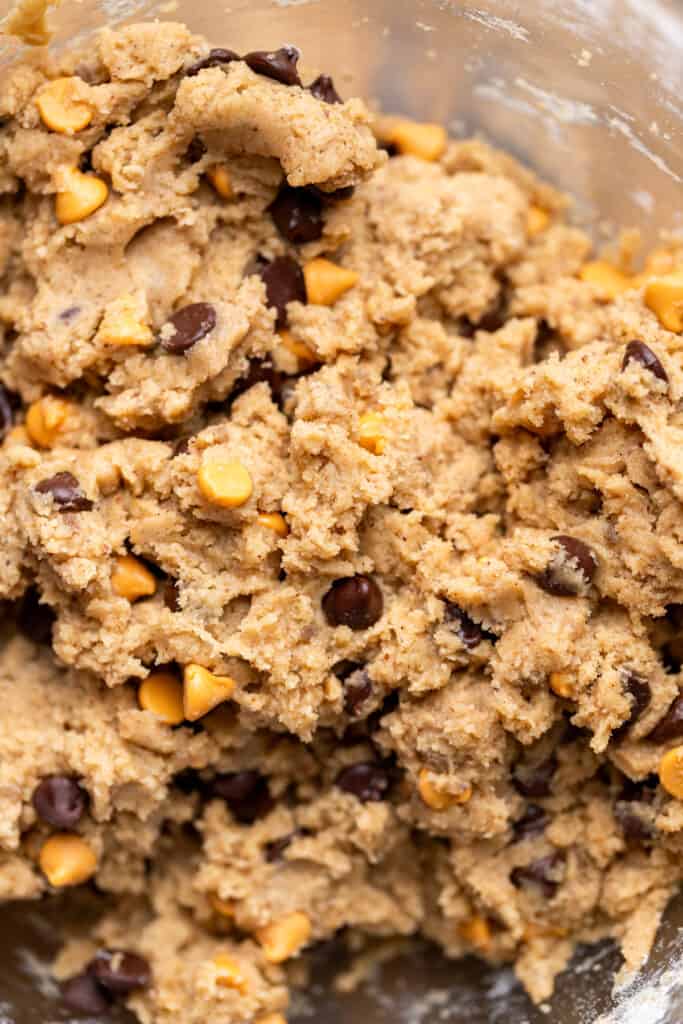 Butterscotch cookie dough in a glass bowl.