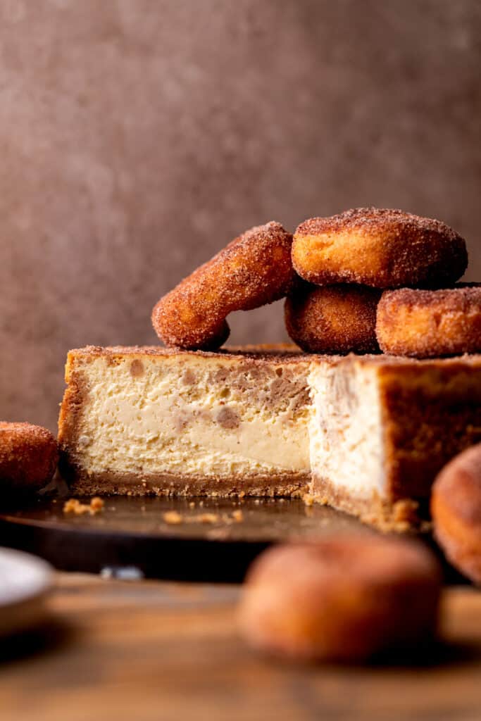 Close up of opened up cheesecake.