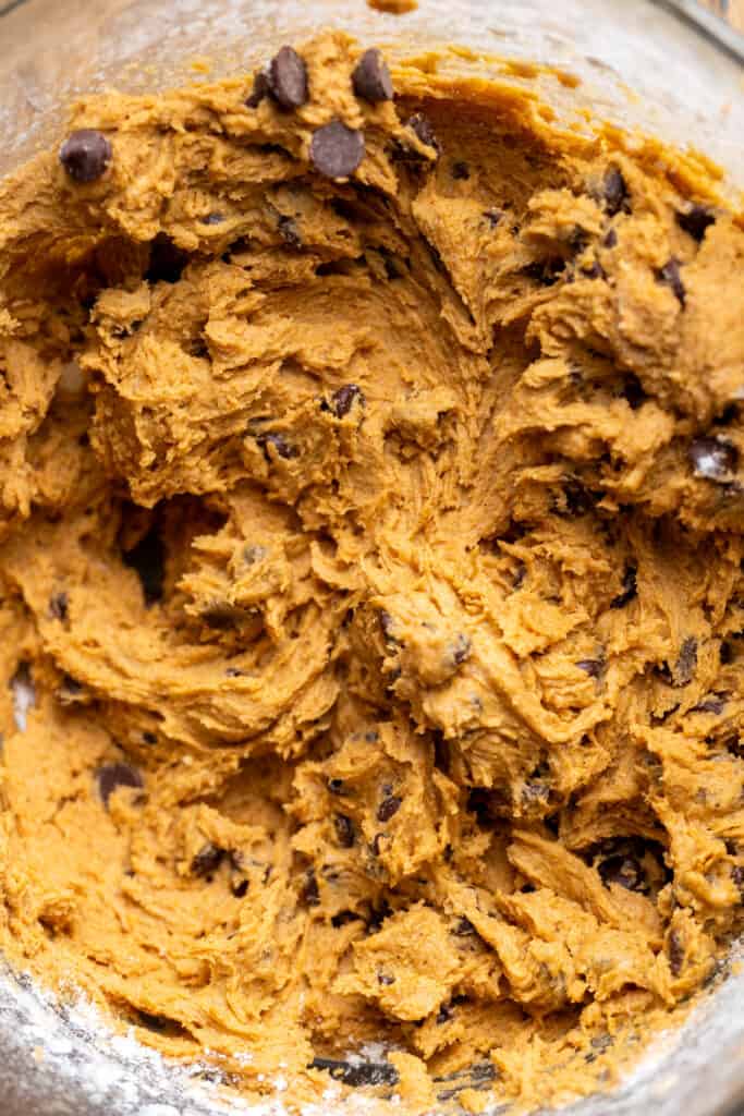 Cookie dough in a glass bowl.