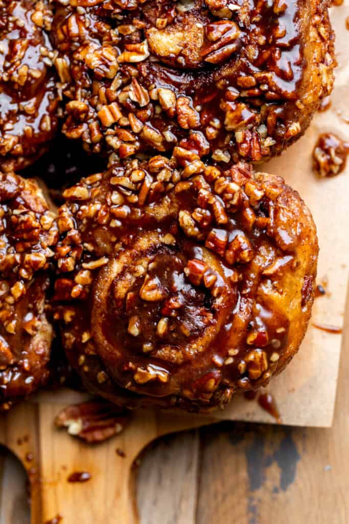 Close up of a giant sticky buns.