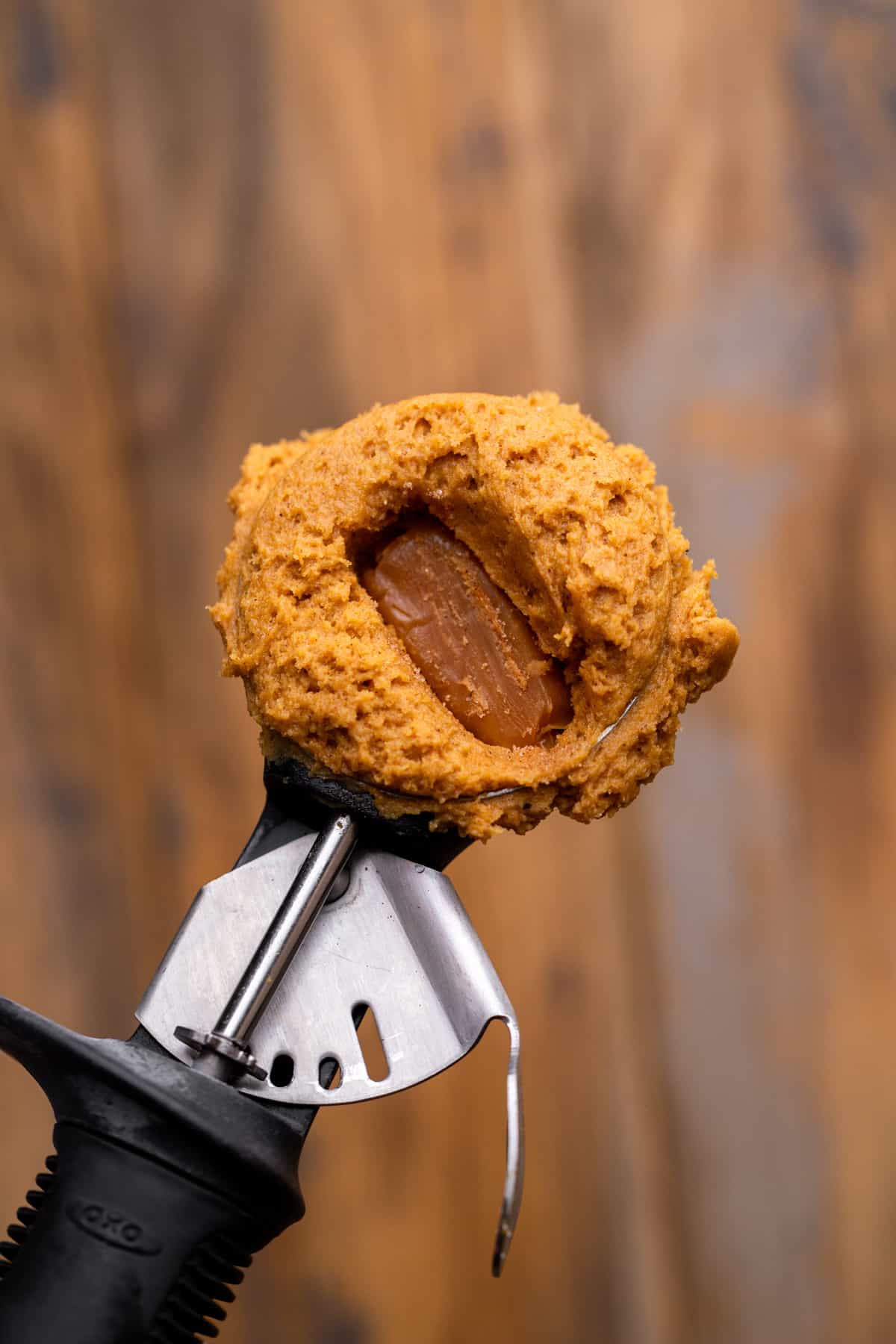 Caramel stuffed in a cookie dough ball.