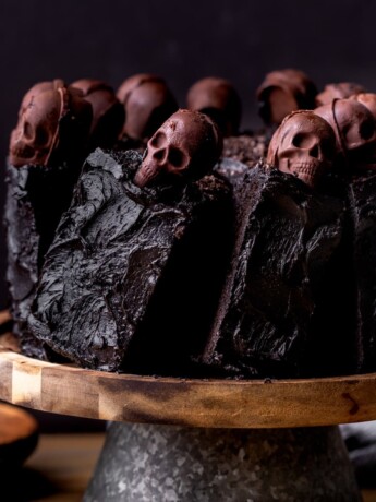 Halloween chocolate cake on a cake stand.