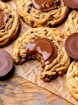 Bite missing from peanut butter cookies.