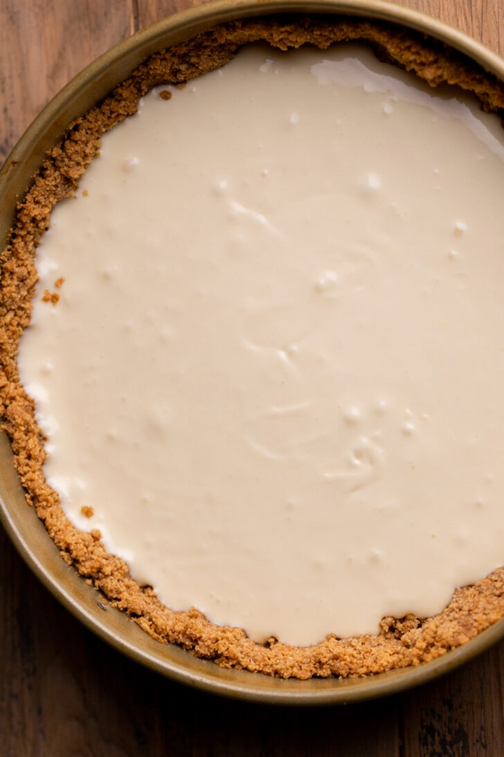 Cheesecake batter on top of the crust.