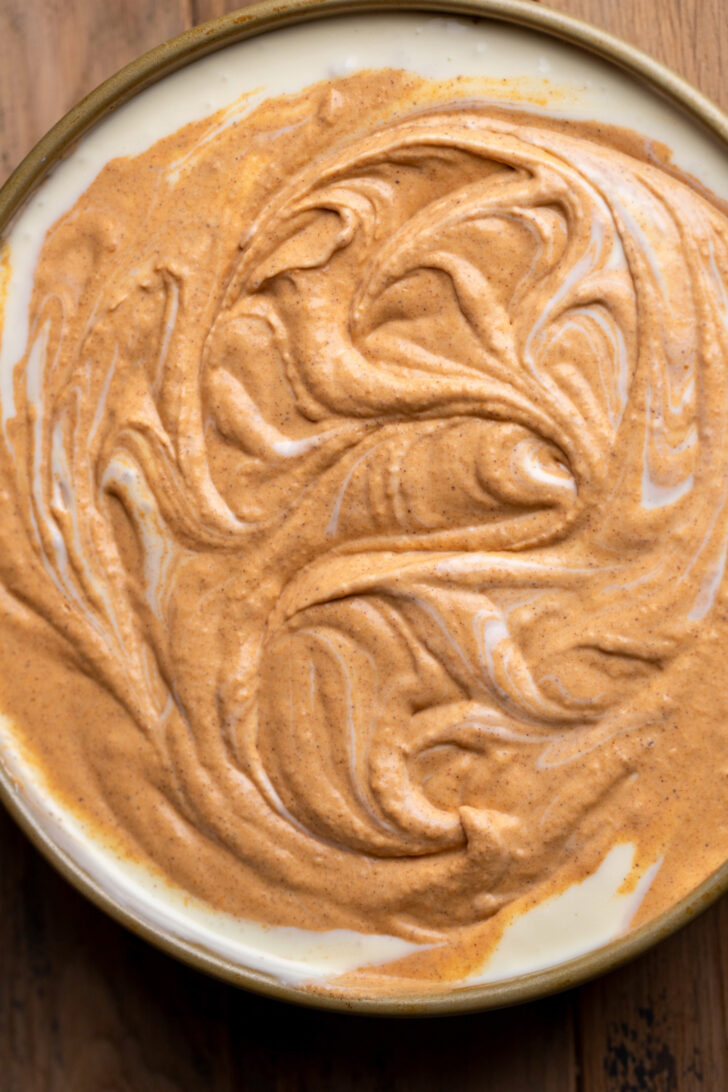 Pumpkin batter swirled in.