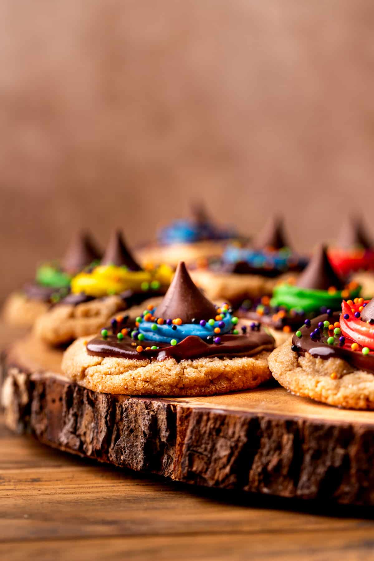 Side view of witch hat cookies.