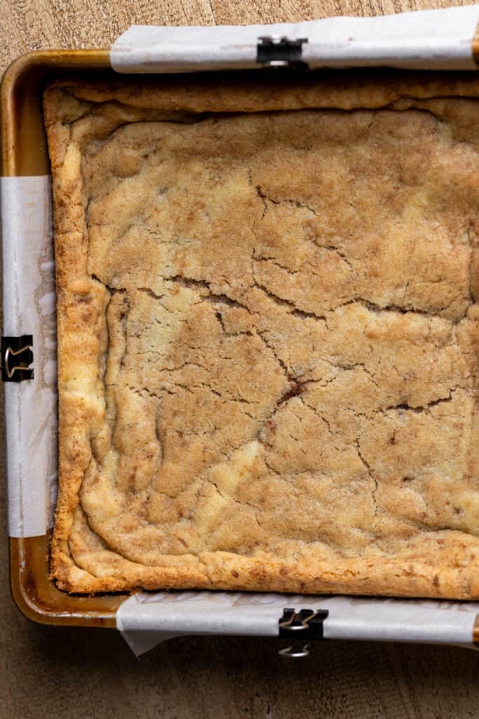 Baked cookie bars in a pan.