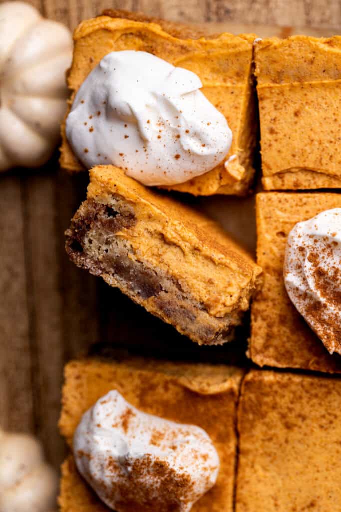 One piece of pumpkin pie cookie bar on its side.