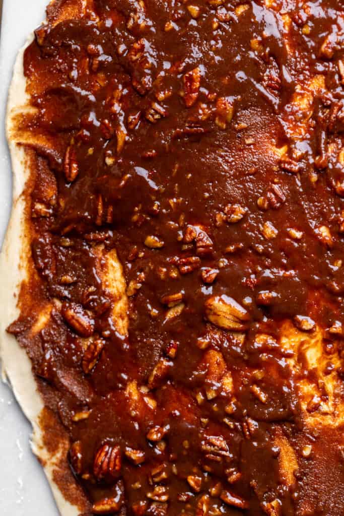 Pecan pie filling over the dough.