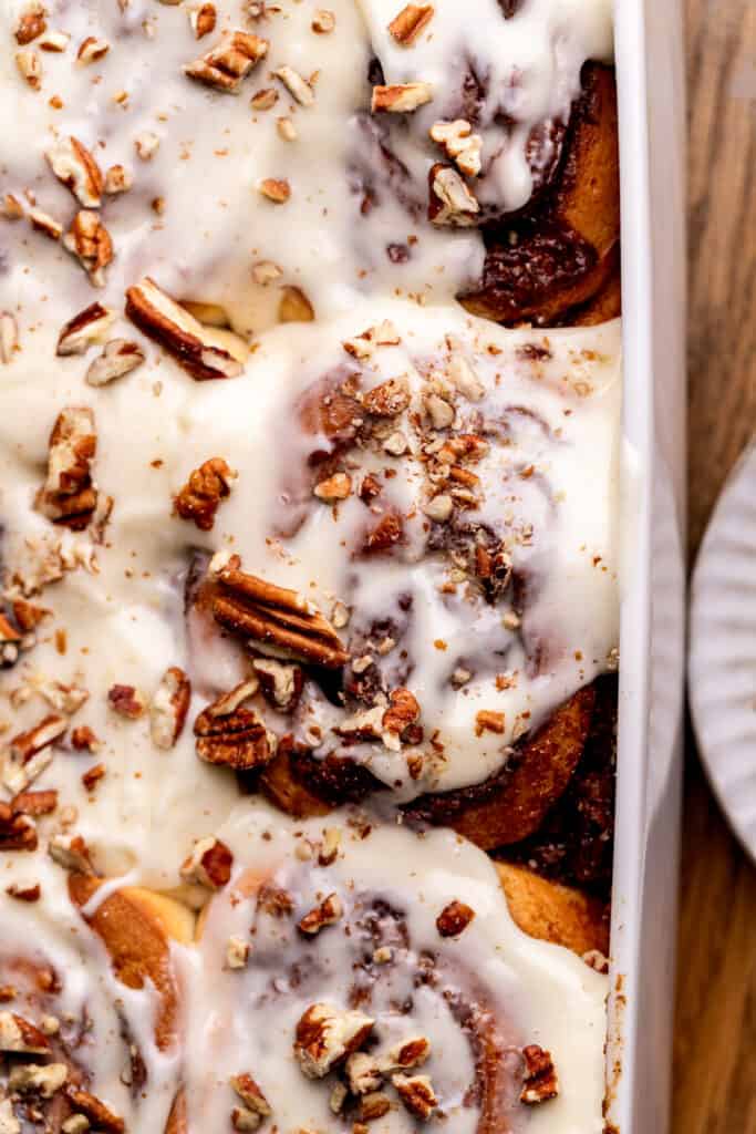 Top view of pecan pie cinnamon rolls.