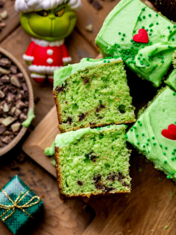 Two slices of grinch cake on it's side.