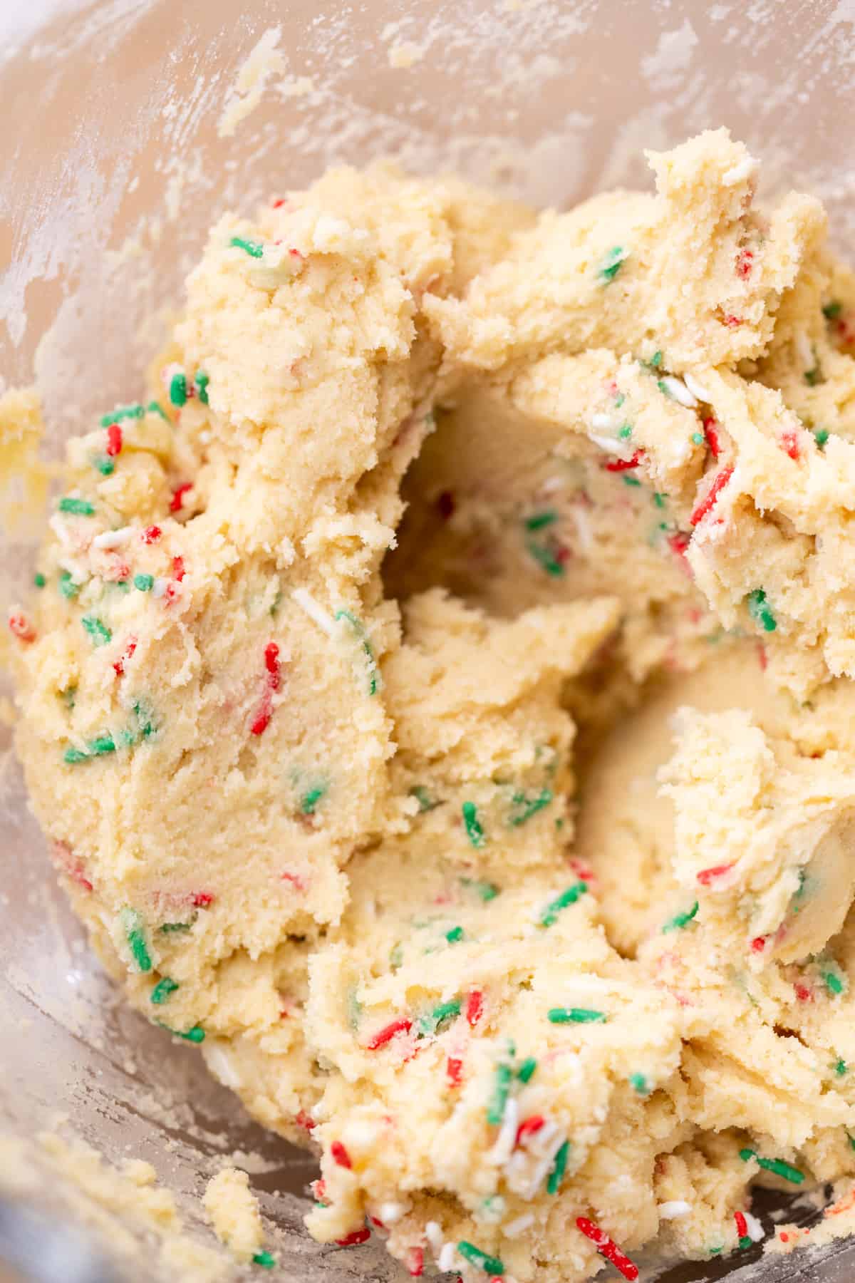 Cookie dough in a glass bowl.