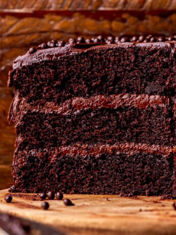 Close up of the inside of the moist chocolate cake.