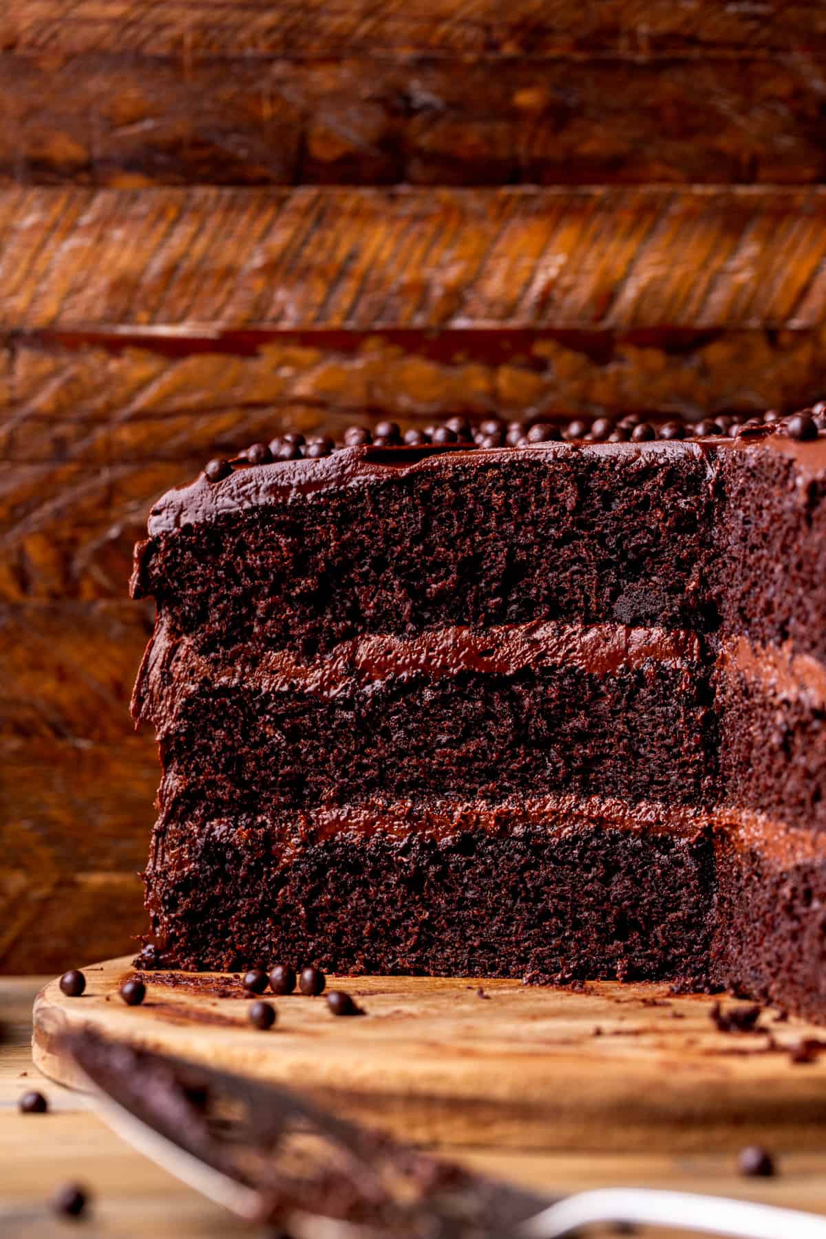 Close up of the inside of the moist chocolate cake.