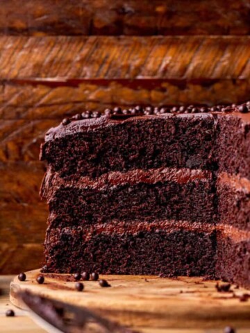 Close up of the inside of the moist chocolate cake.