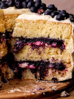 Blueberry jam cake close up.