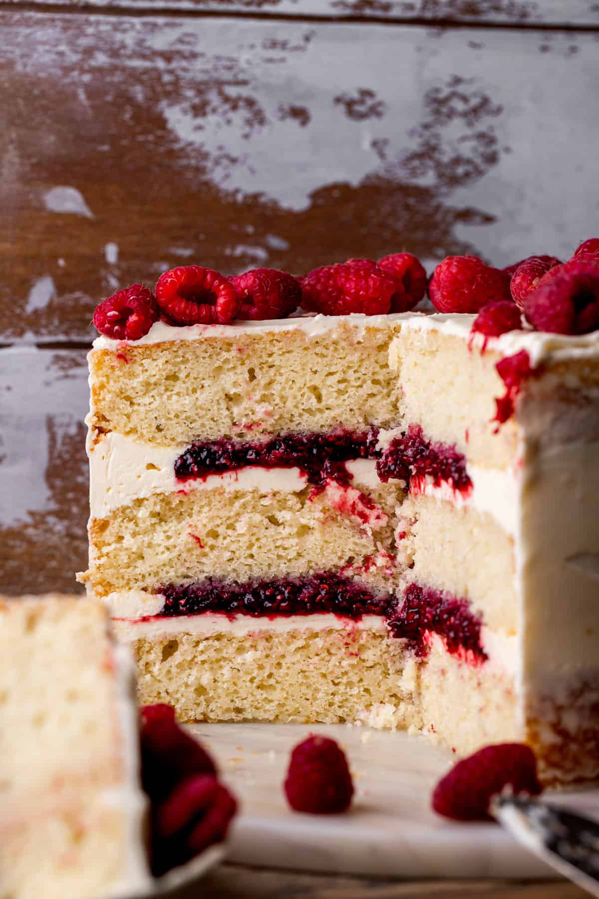 White chocolate raspberry cake close up.