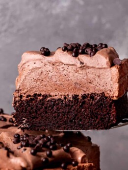 Taking a slice out of the chocolate mousse cake.
