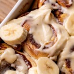 Banana cinnamon rolls in a pan.