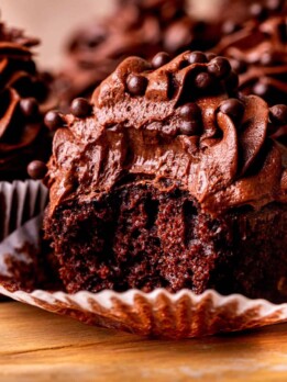 One chocolate cupcake with a bite missing.
