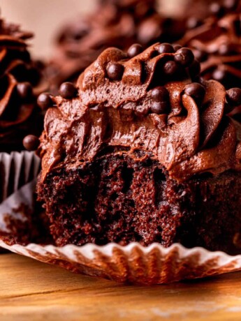 One chocolate cupcake with a bite missing.