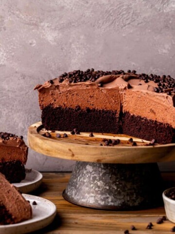Cake opened up on a cake stand.