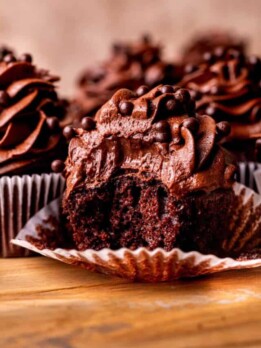 One chocolate cupcake with a bite missing.