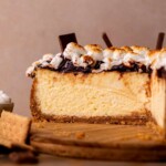 S'mores cheesecake open on a platter.