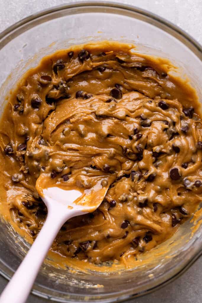 Cookie dough in a glass bowl.