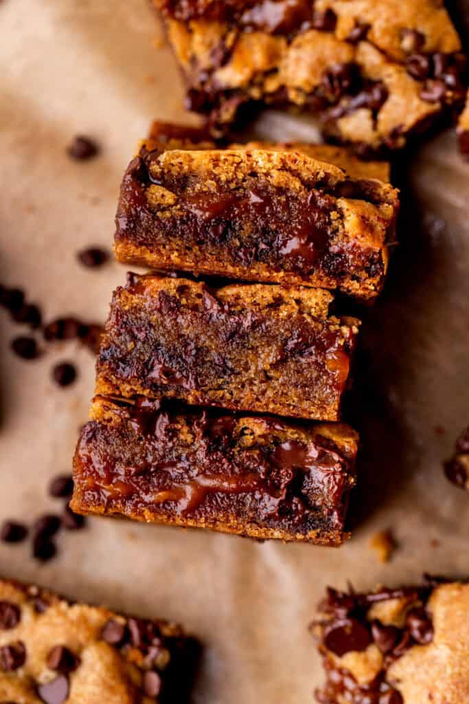 3 Caramel cookie bars on their side.
