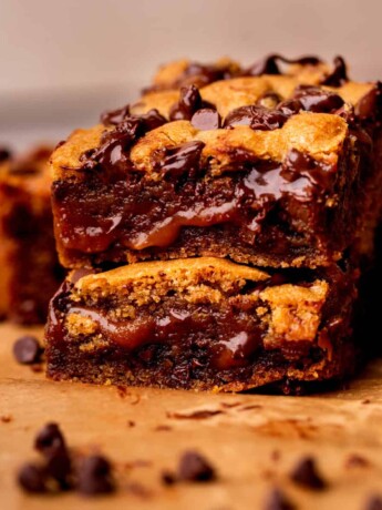 Stack of two caramel cookie bars.