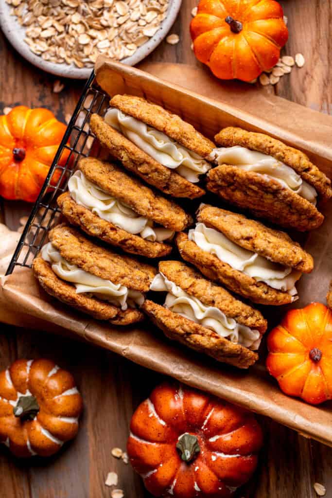 Top view of cookie sandwiches in a tray.