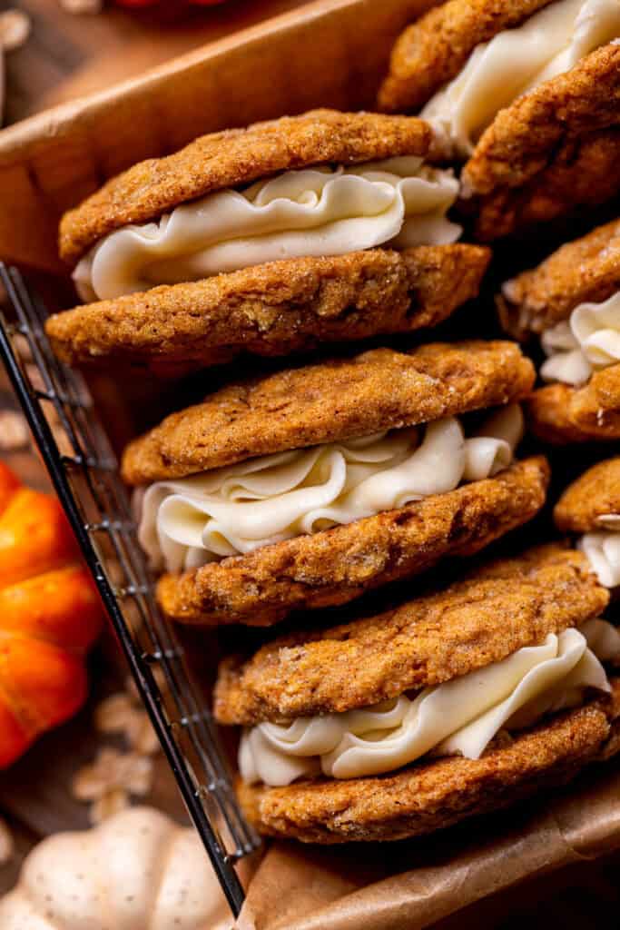 Close up of pumpkin oatmeal cream pies.