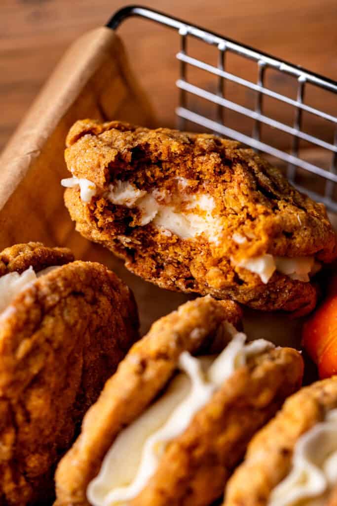 Bite missing from pumpkin oatmeal cream pies.