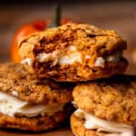 Stack of three pumpkin oatmeal cream pies.