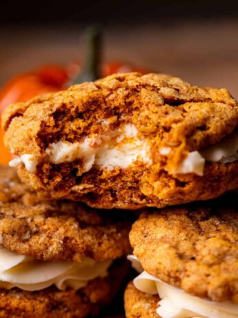 Stack of three pumpkin oatmeal cream pies.