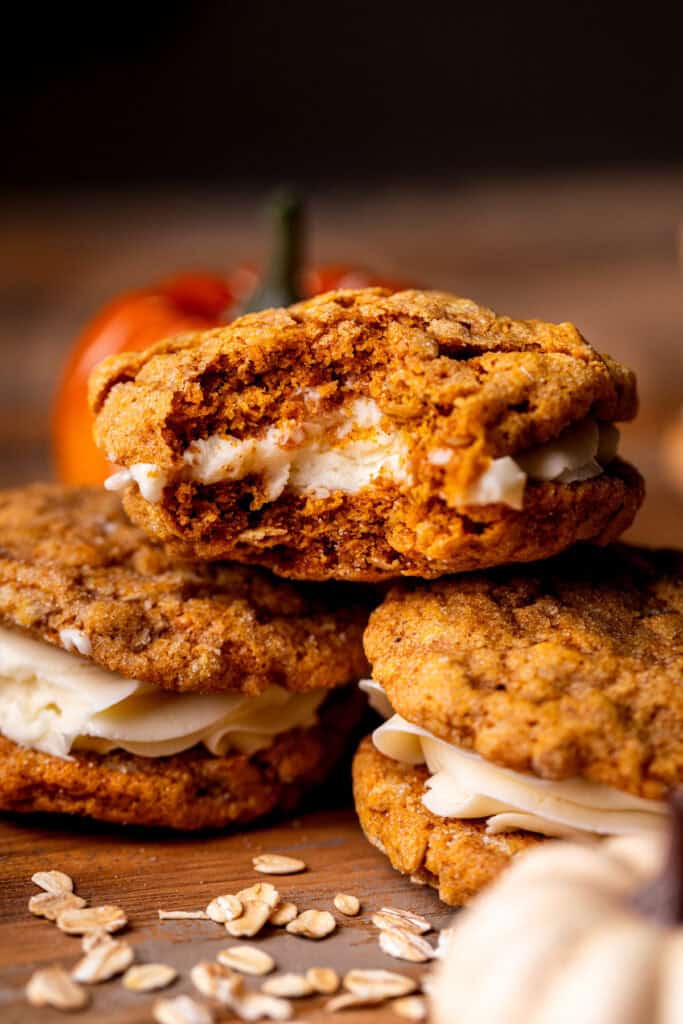 Stack of three pumpkin oatmeal cream pies.