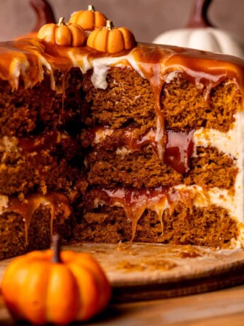 Pumpkin caramel cake split in half.