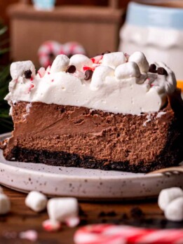 Slice of hot chocolate cheesecake on a plate.