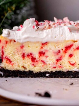 Side view of white chocolate peppermint cheesecake.