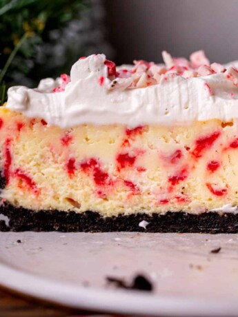 Side view of white chocolate peppermint cheesecake.