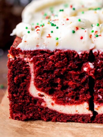 Side view of red velvet Christmas cake.