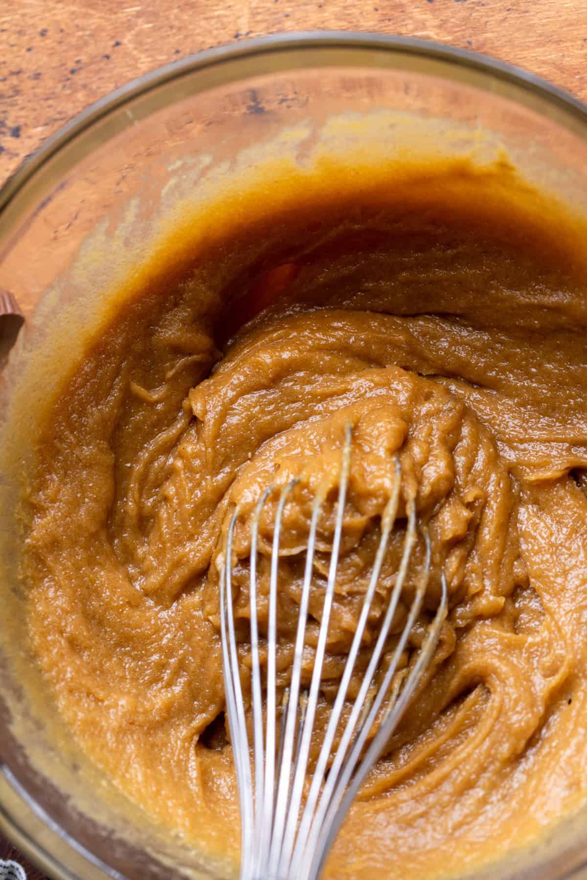 Wet ingredients in a glass bowl.