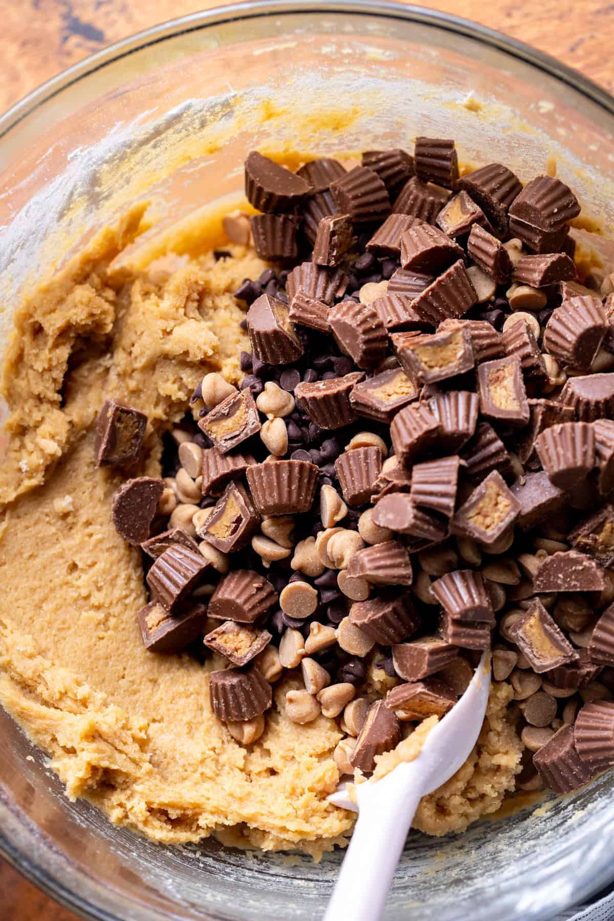 Peanut butter cups added to dough.