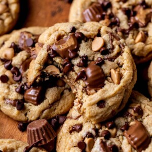 Bite missing from Reese's peanut butter chip cookies.