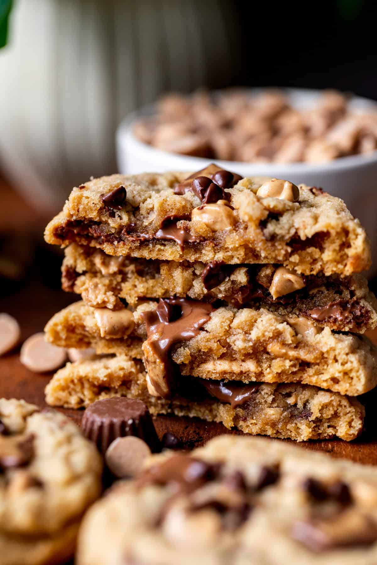 Stack of two Reese's peanut butter chip cookies split in half.
